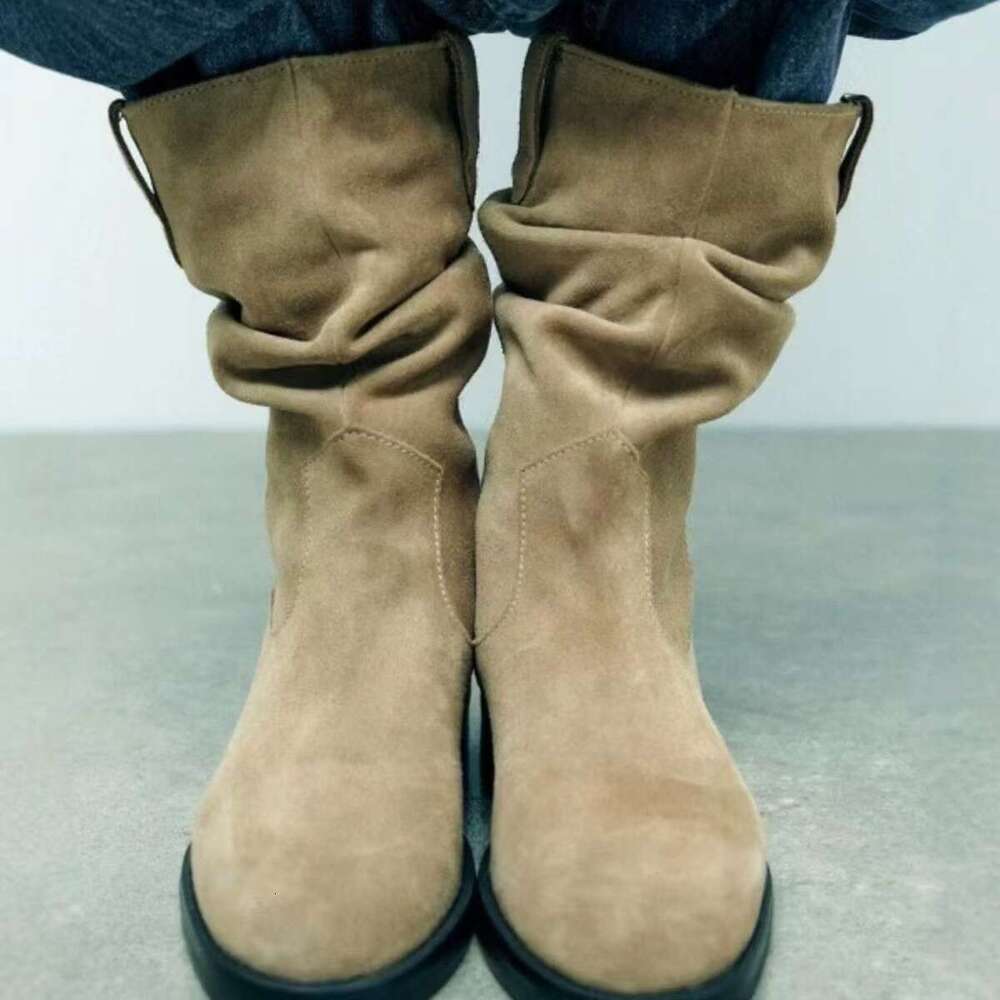 Melard Round Toe Western Cowboy Chunky Heel Thick Sole Mid-Calf Autumn Winter Fleece Lined Slouch Women Boots