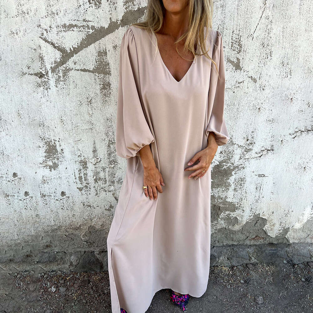 Spring And Autumn Casual Loose V-Neck Solid Color Women's Lantern Sleeve Dress Multiple Colors B5