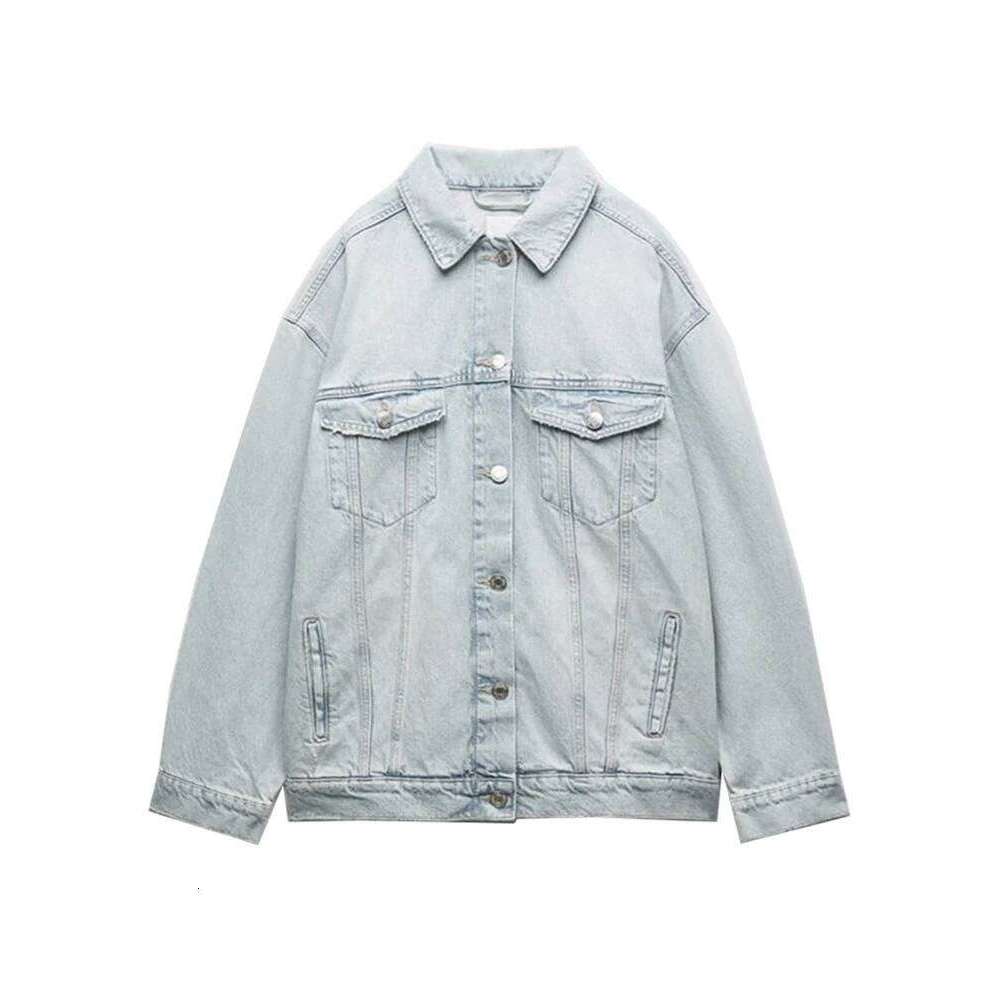 TRAF Women's Fashion Vintage Washed Single Breasted Long Sleeve Lapel Hundreds of Bottom Denim Shirt Jacket