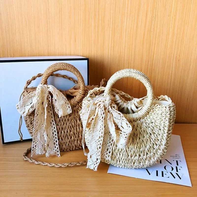 Straw Bag Women Hand-Woven Handbag Moon Shape Lace Bow Rattan Bag Big Capacity Drawstring Casual Beach Shoulder Crossbody Bag XJ250604