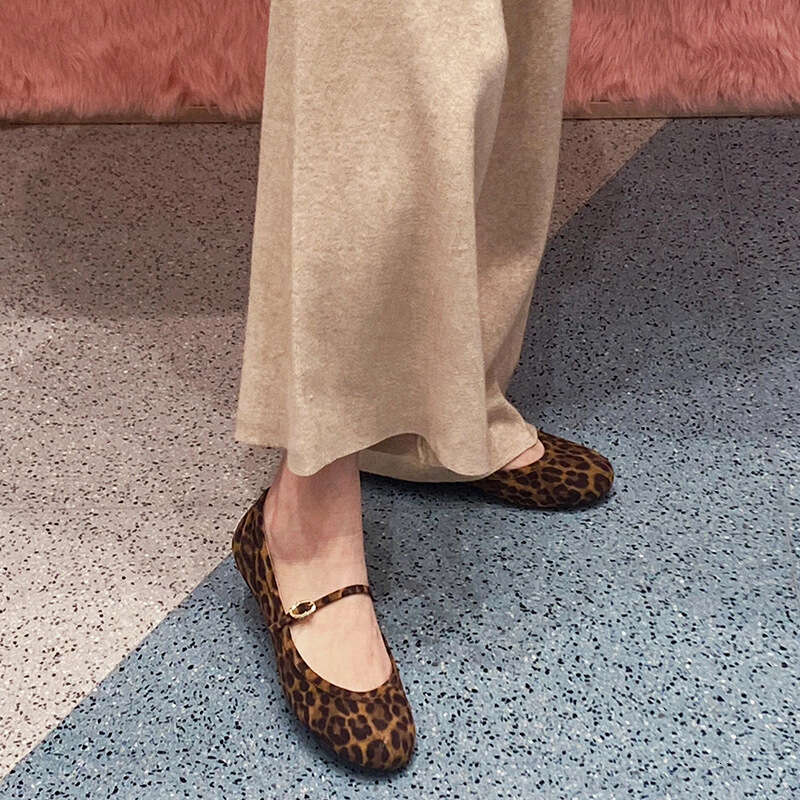 Genuine Leather Shallow Mouth Round Toe One-Strap Mary Jane Leopard Print Single for Women Summer Autumn New Ballet Flat Shoes