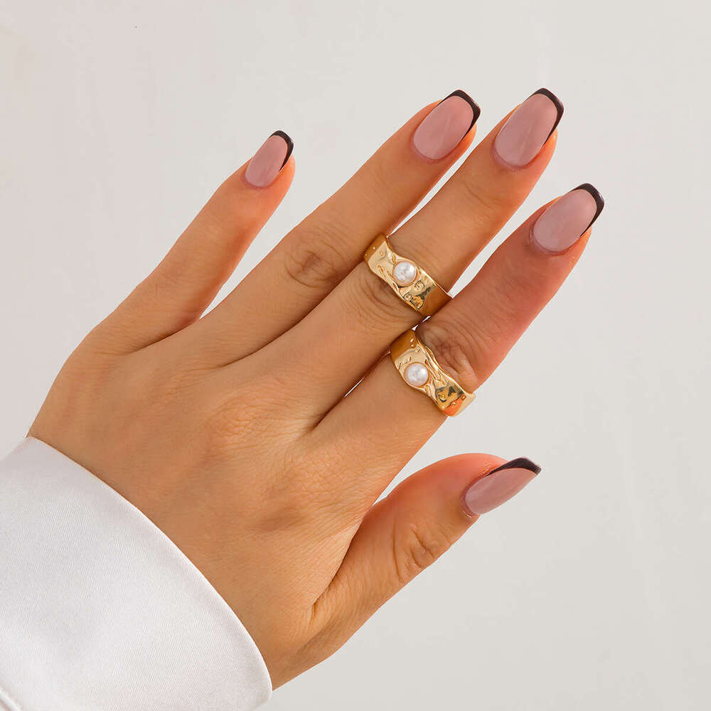 Jewelry INS Metallic Glossy Geometric Rings Irregular Inlaid Pearl Ring Set