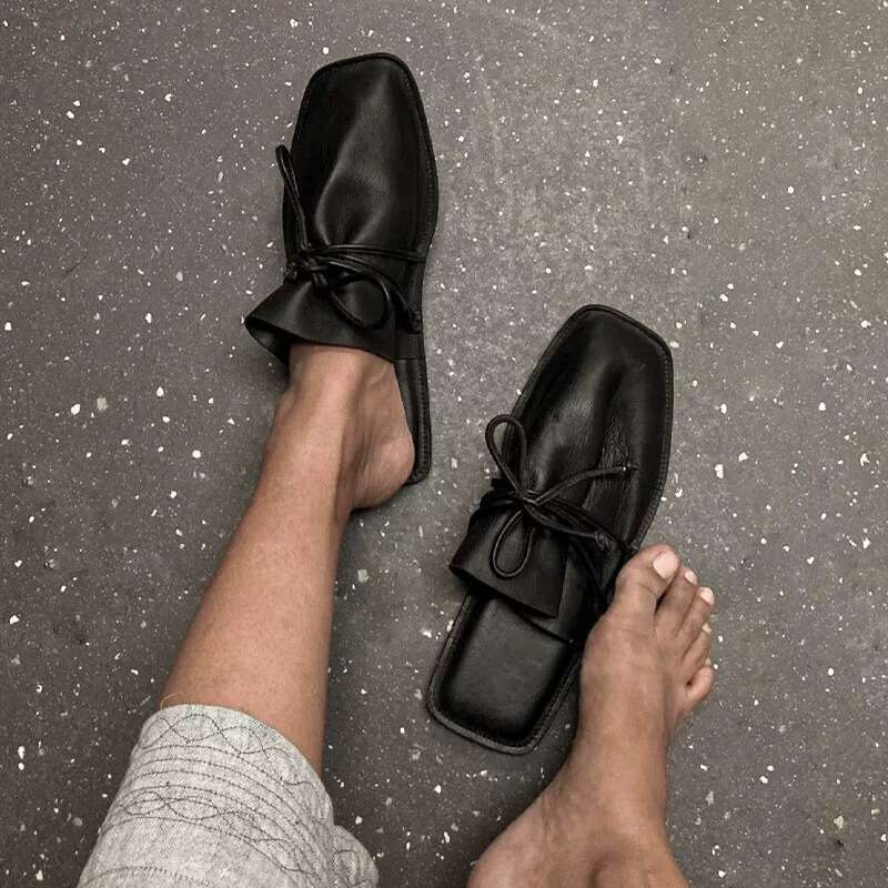 Genuine Leather Niche Square Closed Toe Half Slippers for Women Outdoor 2025 Spring Summer Fashion Lace-up Flat Sandals