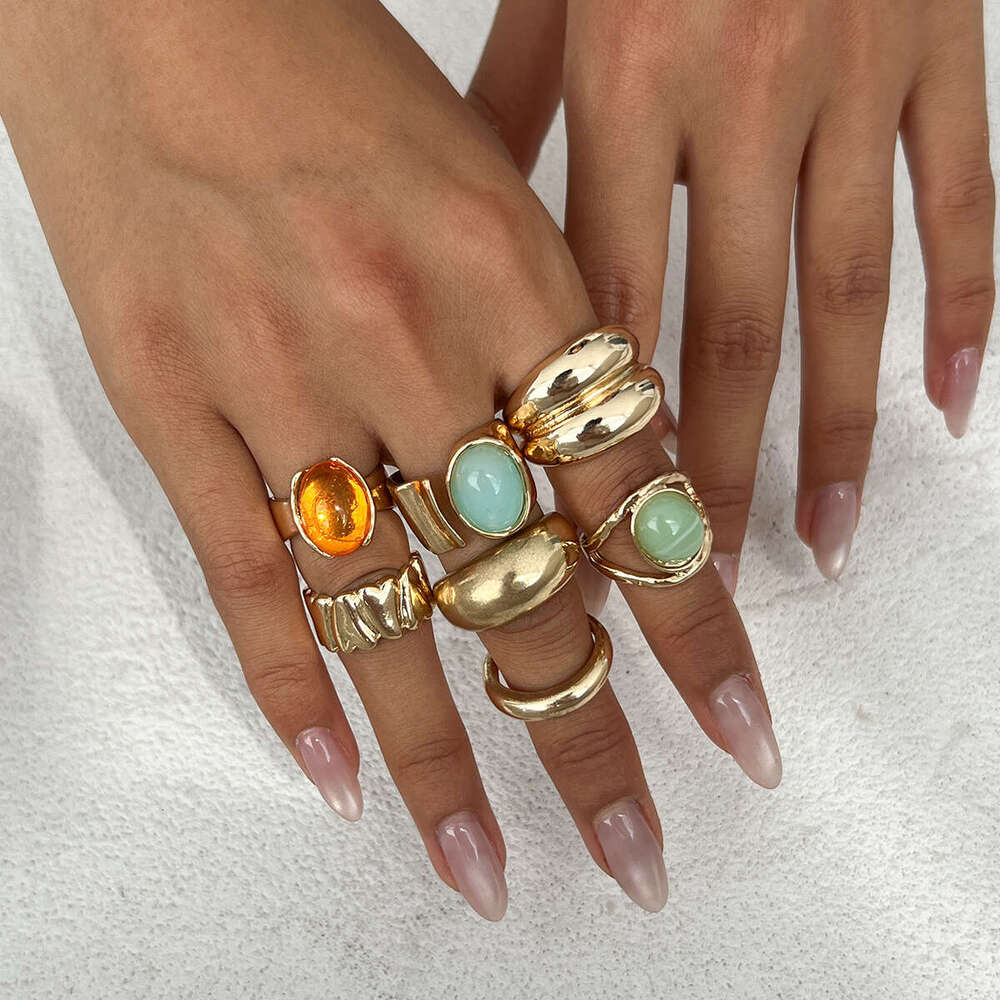 Layered INS Style Inlaid Acrylic Set for Women, Light Luxury Irregular Open Ring
