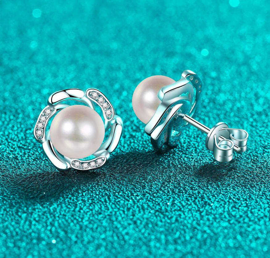 Sterling silver moissanite pearl floral bud stud earrings for women, elegant minimalist design, sweet and stylish daily wear jewelry
