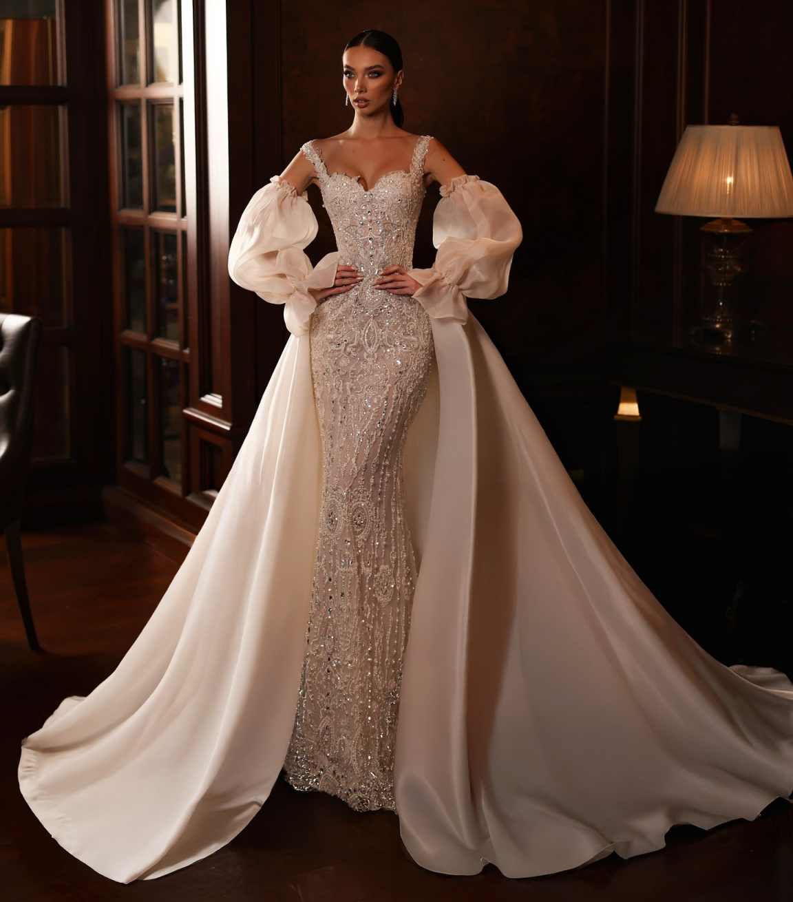 Gorgeous Mermaid Wedding Dress Sweetheart Neck Removable Sleeves Bridal Gowns Sequins Crystal Detachable Train Dresses Custom Made vestidos de novia