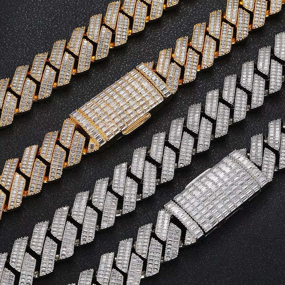 20mm Custom 925 Sterling Silver Hip Hop Jewelry Chunky Cuban Link Chains Men Women Iced Out Baguette Diamond Fine Necklaces