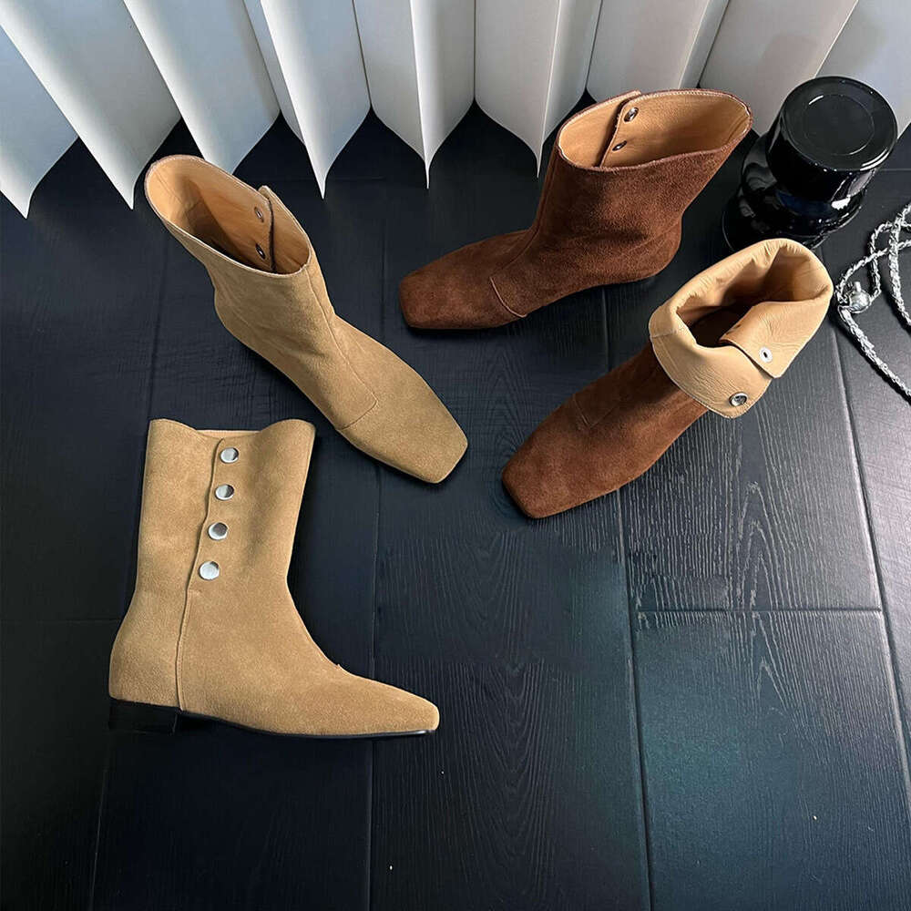 Niche Suede Square Toe Western Cowboy for Women, Autumn and Winter Thick Heel Turn-down Collar Two-way Martin Short Boots