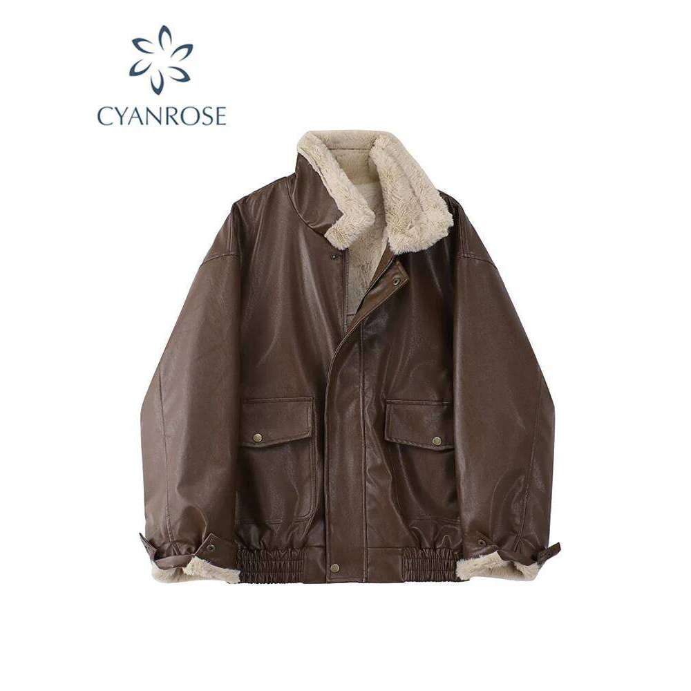 Winter Women's Fur Leather Jacket Long Sleeved Loose Warm Lamb Wool Vintage Thickened Locomotive Lapel Female PU Motorcycle Coat