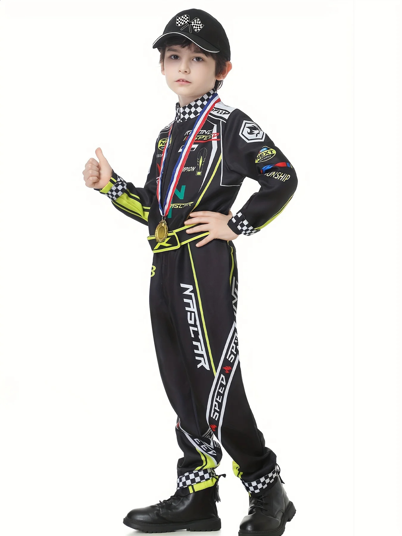 Racing driver costume boys racing jumpsuit 4pcs/set cosplay car hat childrens Halloween costume racing suit set 250528
