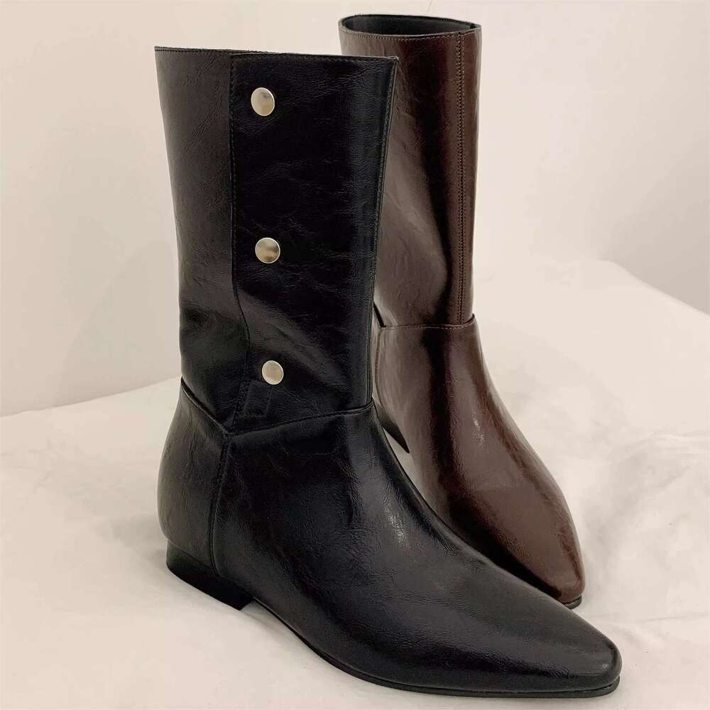 Genuine Leather Korean Style Button Pointed Toe Simple Flat Mid-Calf Riding Women Autumn Winter New Fashion Boots