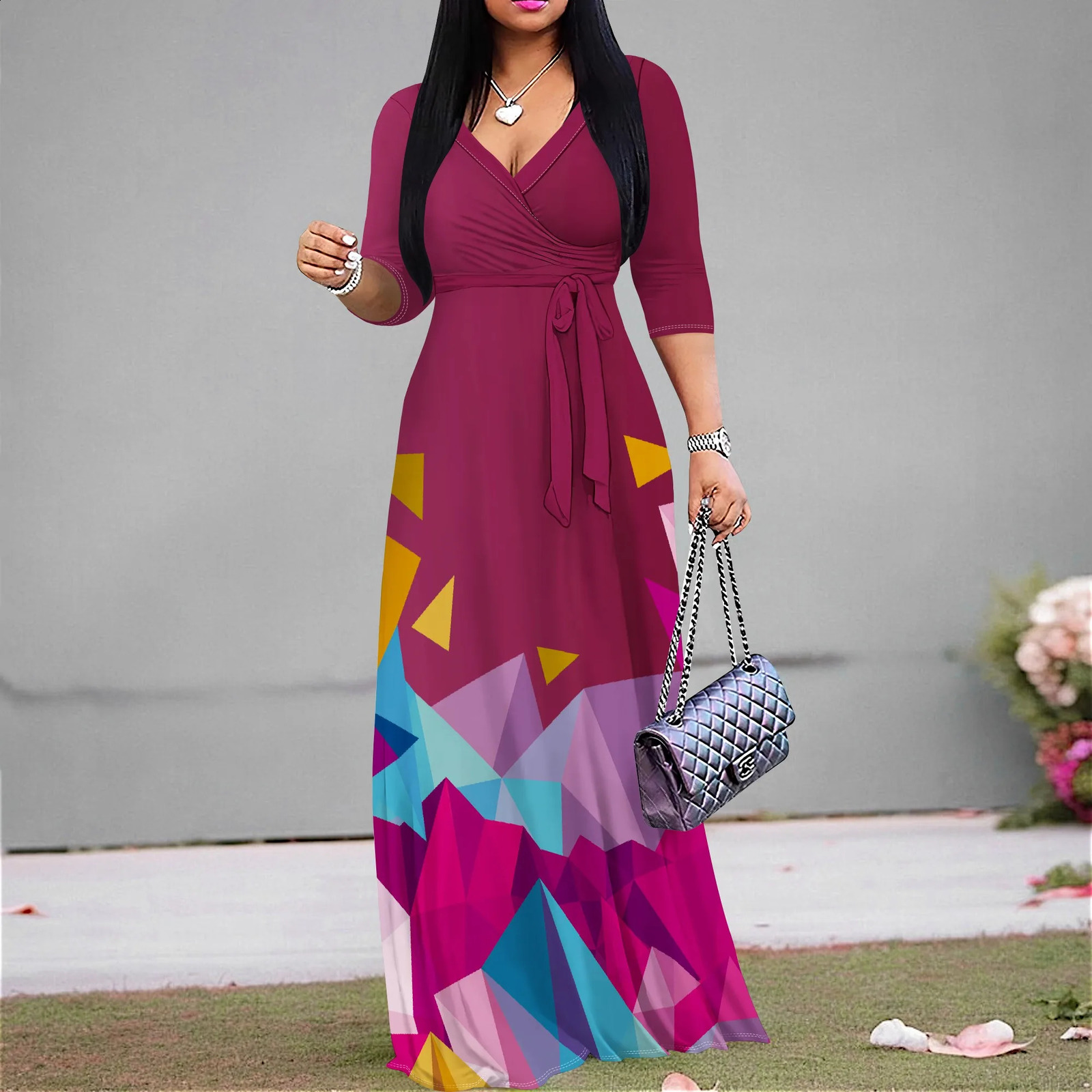 Womens Floral Print Maxi Party Dresses Summer with Pockets Casual 3 4 Sleeve V-Neck Wrap Tie Waist Long Dress 250526