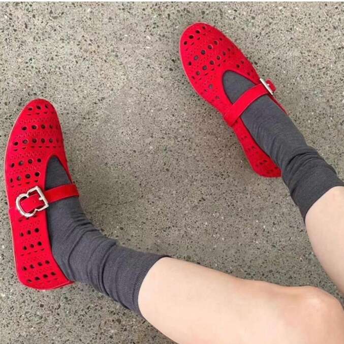 Genuine Leather Niche Carved Hollow Shallow Mouth Little Red One-Strap Mary Jane Single Women Summer Autumn Ballet Flat Shoes