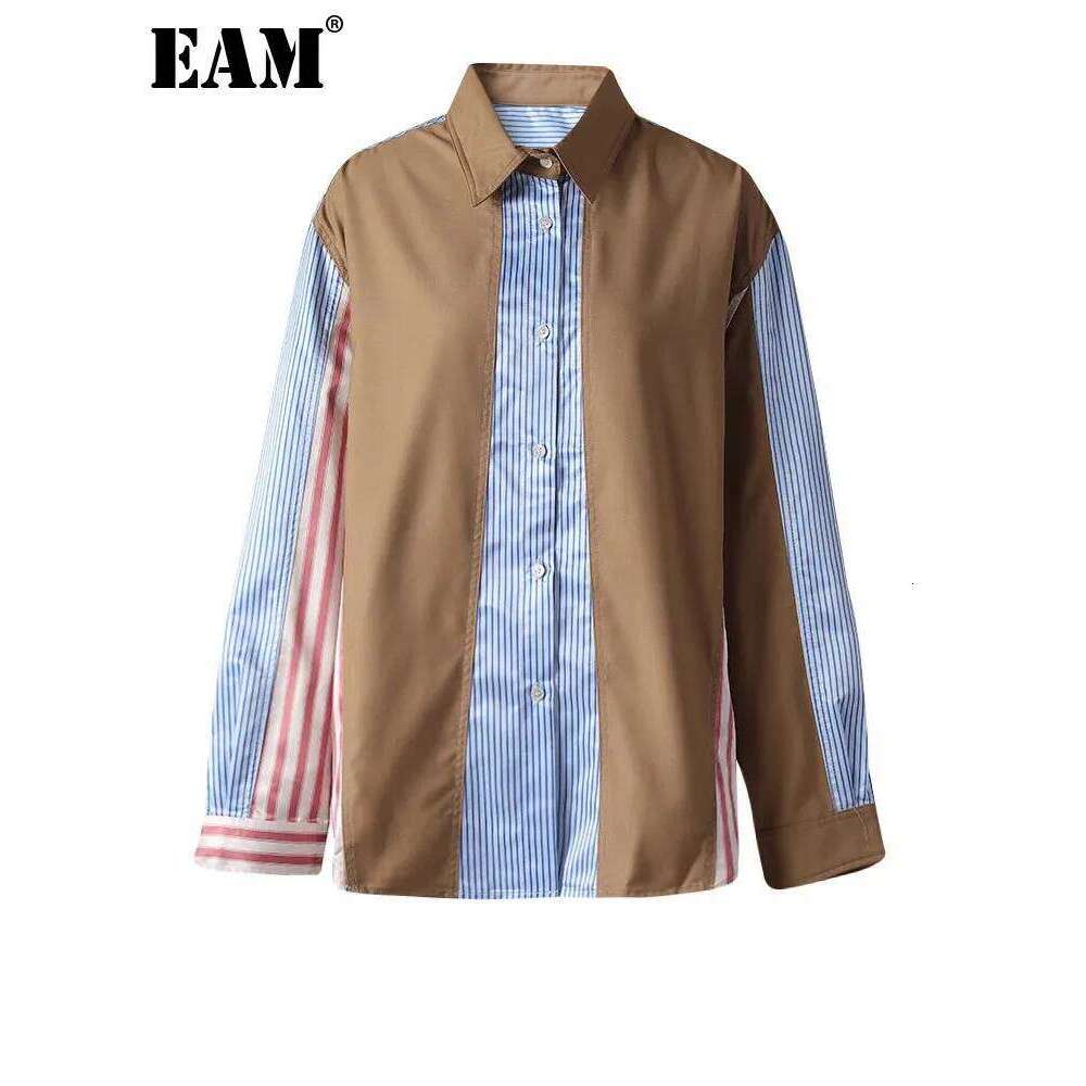Women's Wear Women Khaki Striped Color-Block Big Size Casual Blouse New Lapel Long Sleeve Shirt Fashion Tide Spring Autumn 7Ab8930
