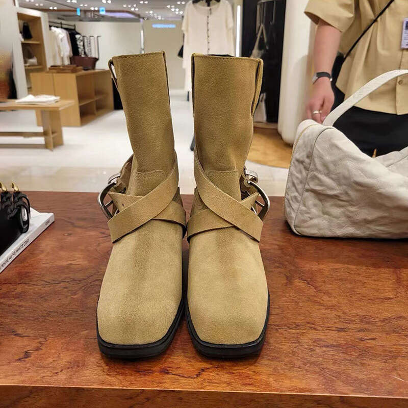 Korean Style Niche Cross Strap Suede Chunky Heel Square Toe Western Cowboy Belt Buckle Martin Short Mid-Calf Boots for Women