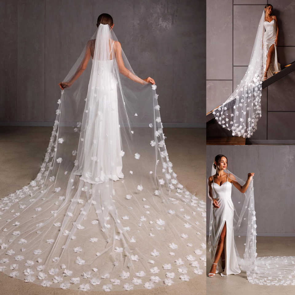 3D Appliques Wedding Veil Flowers One Layer Long Cathedral Length Bridal Veils Applique Edge Wedding Accessories Customized