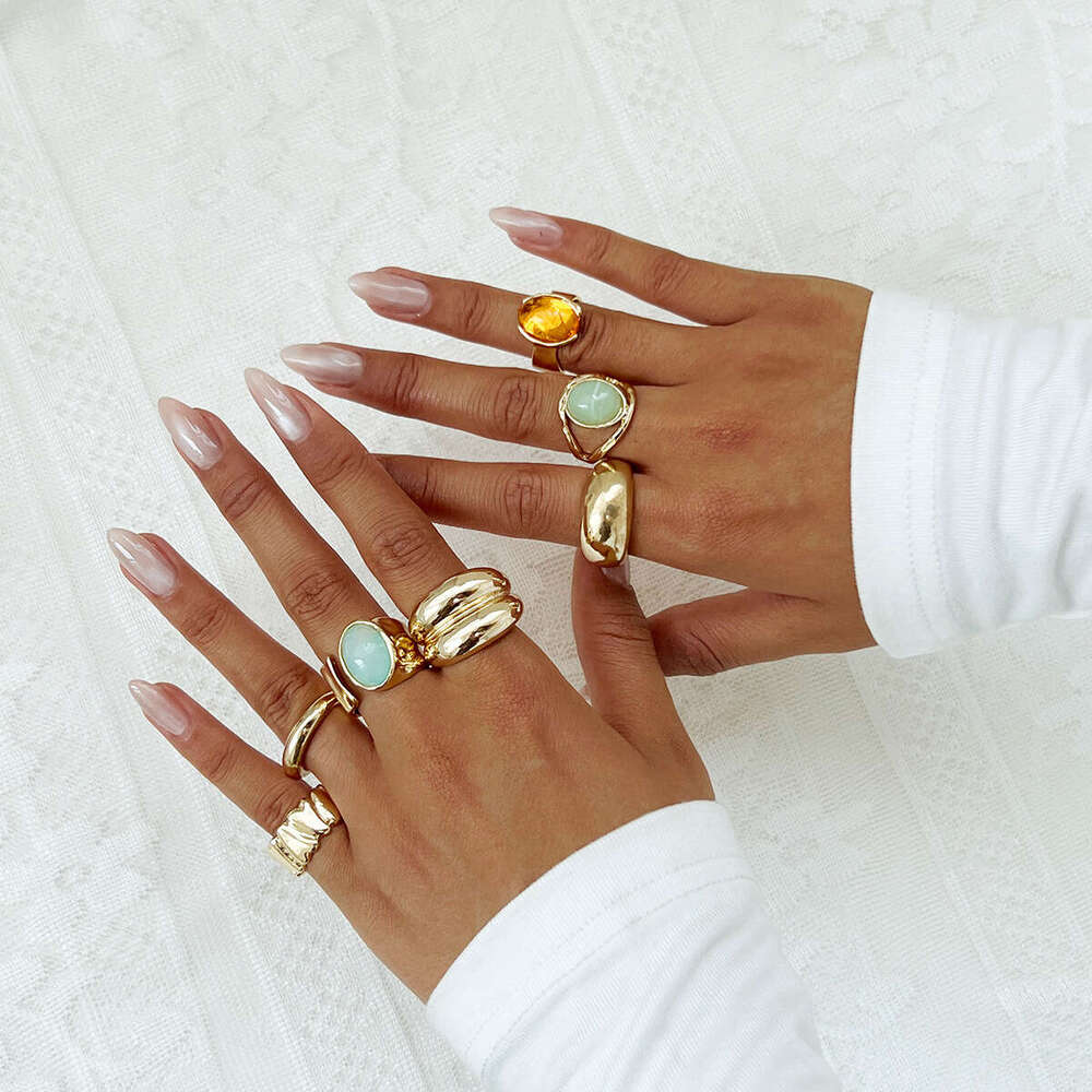 Layered INS Style Inlaid Acrylic Set for Women, Light Luxury Irregular Open Ring