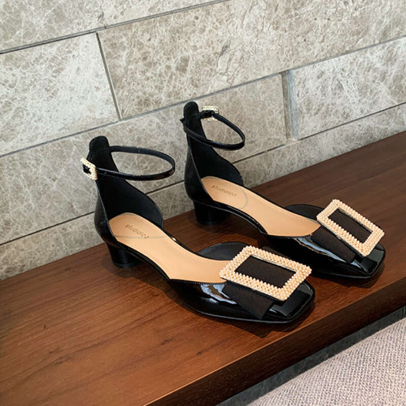 Grape Mom Nice Island Strap Sandals Shallow Mouth Rhinestone Square Buckle Closed Toe Hollow Single Shoes