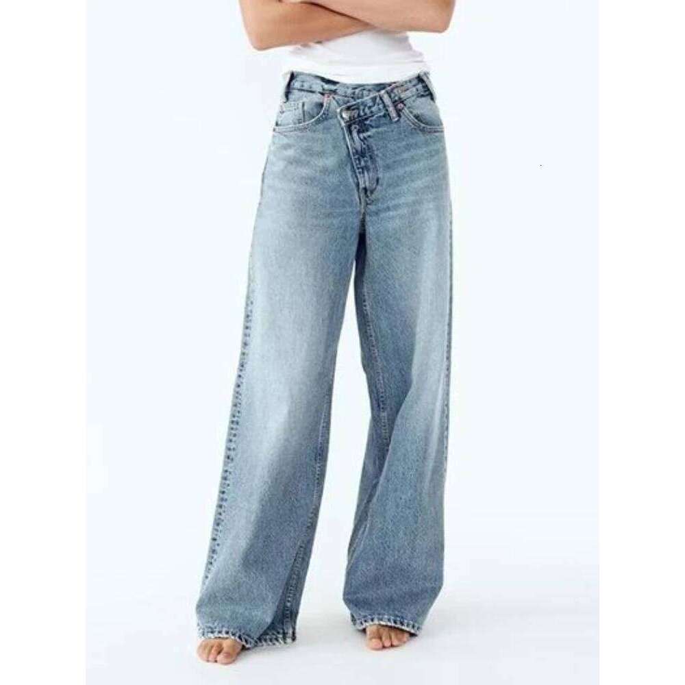 Women Wide Leg Vintage Irregular Washed Denim Trousers Aesthetic Baggy Straight Asymmetrical Jeans High Waist