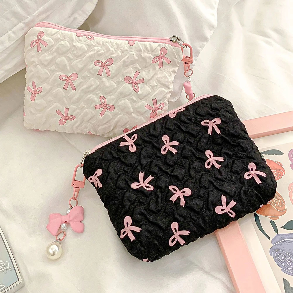 Cotton Bow Makeup Bag for Women Nylon Quilted Travel Cosmetic with Zipper Sweet Aesthetic Toiletry Skincare Storage Bags 250528
