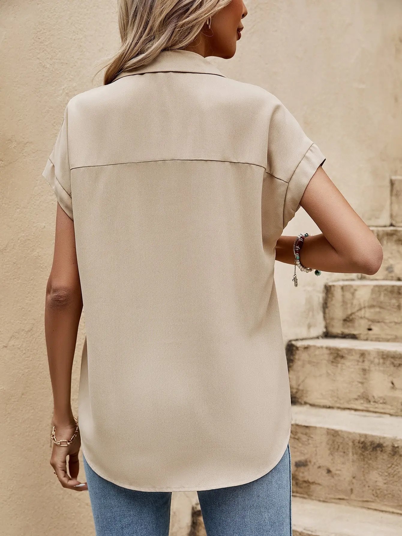 Elegant sexy womens shirt lapel short sleeve chest button casual shirt 250529Z