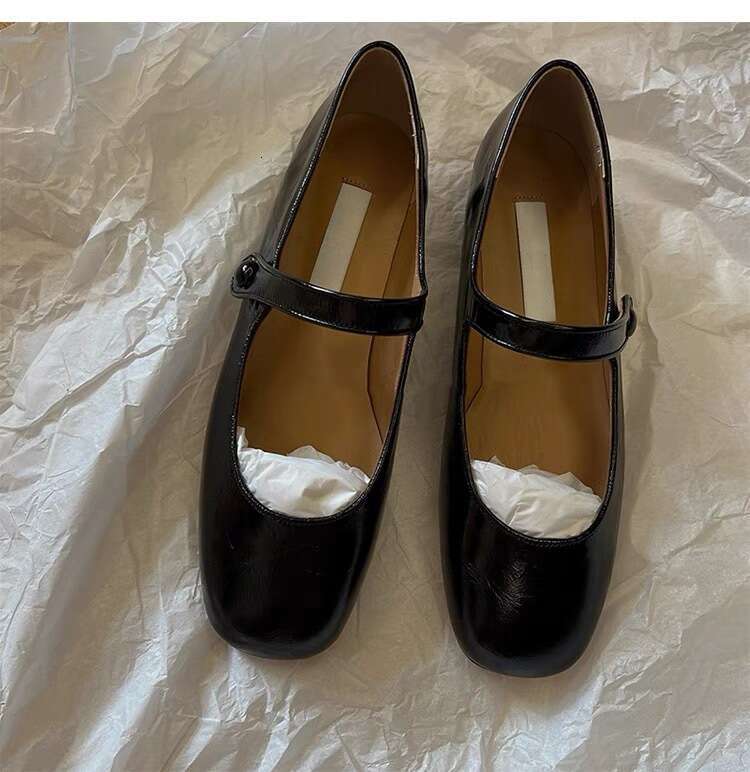 Genuine Leather French Style One-Strap Flat Casual Mary Jane Women's Square Toe Shallow Mouth Versatile Single Shoes Spring and Autumn New Model