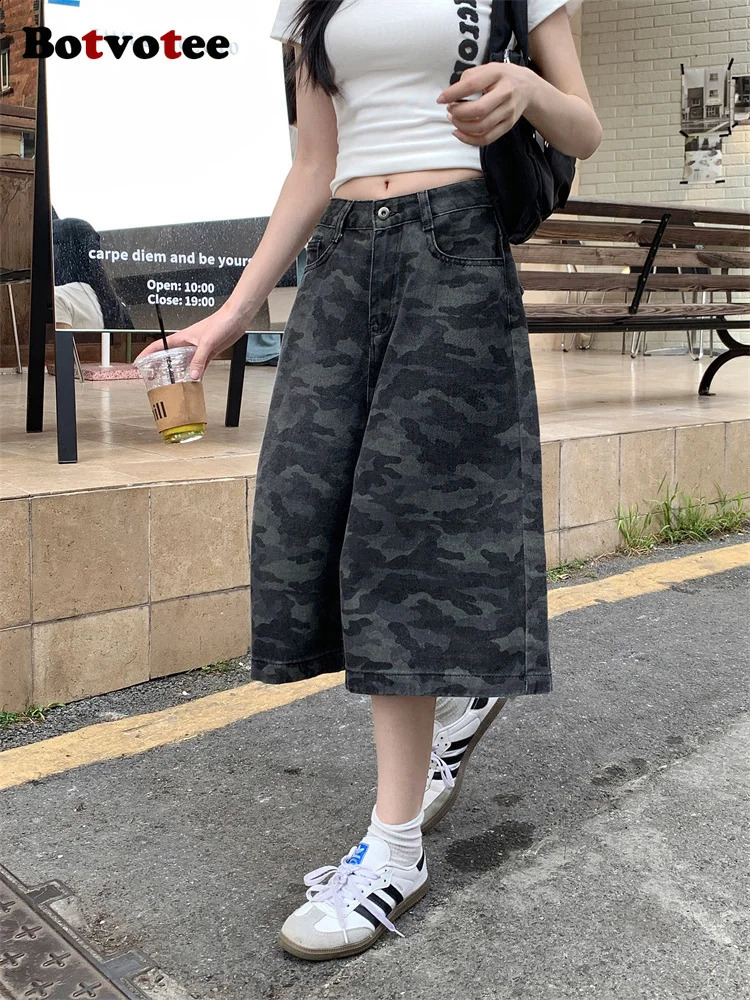 Botvotee Camo Calf Length Jeans for Women High Waisted Wide Leg Baggy Denim Camouflage with Pockets Summer Fashion Pants 250516