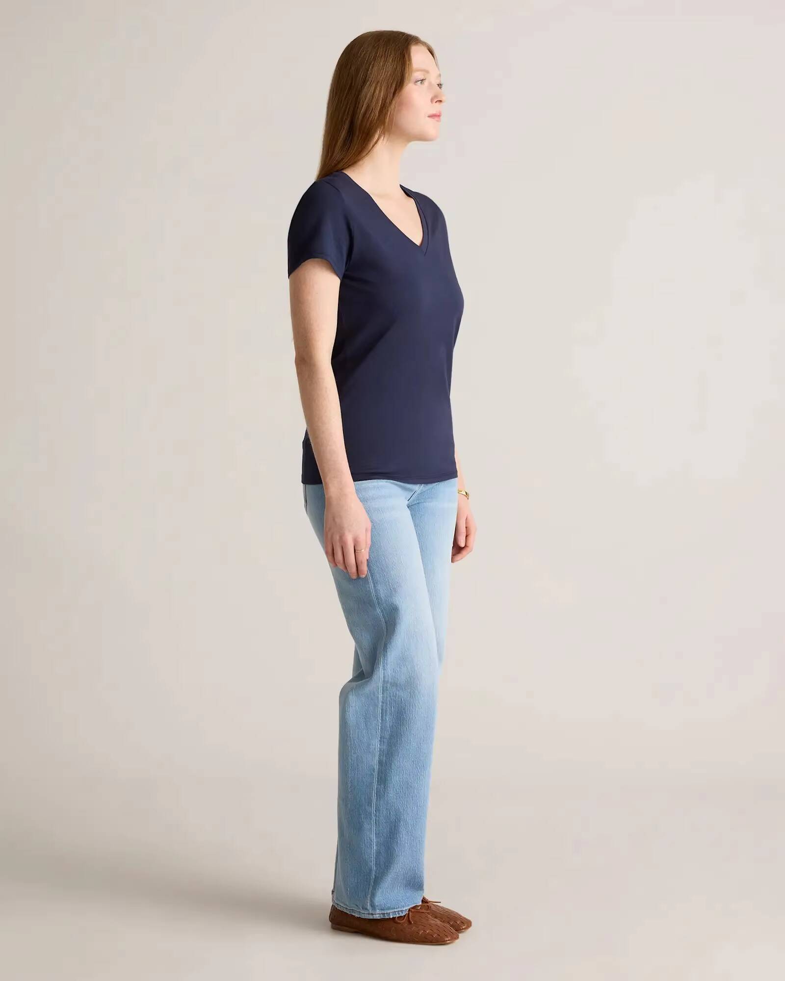 Logo High-Quality Blue Short Sleeve Premium Cotton V-Neck Women's T-Shirt