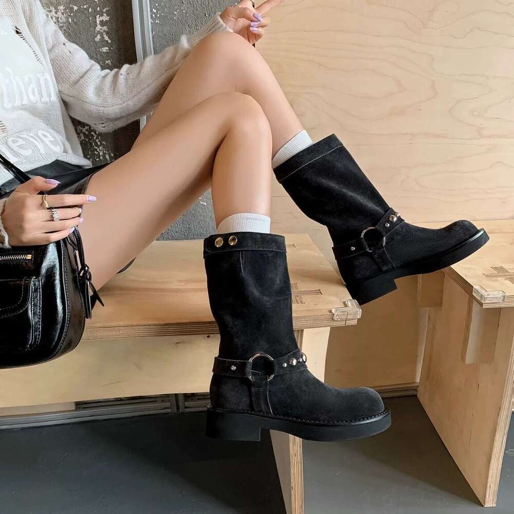 Korean Style Melard Thick Sole Chunky Heel Round Toe Metal Buckle Martin Short Mid-Calf Boots Women 2024 New Autumn Winter