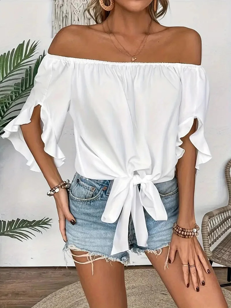 Summer One Shoulder Short Sleeved Tops for Women Solid Color Ruffle Sleeve TShirt Ladies Casaul Elegant Top Bow Tie Club Party 250517
