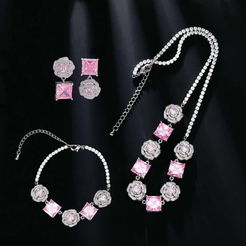 High-end Zircon Camellia Necklace Light Accessories Clavicle Chain Bracelet Earrings Dress Matching Elegant Jewelry Set