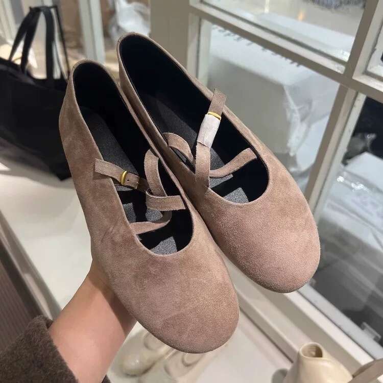 Genuine Leather Korean Style Cross Buckle Round Toe Shallow Mouth Mary Jane for Women 2025 New Spring Summer Versatile Flat Shoes