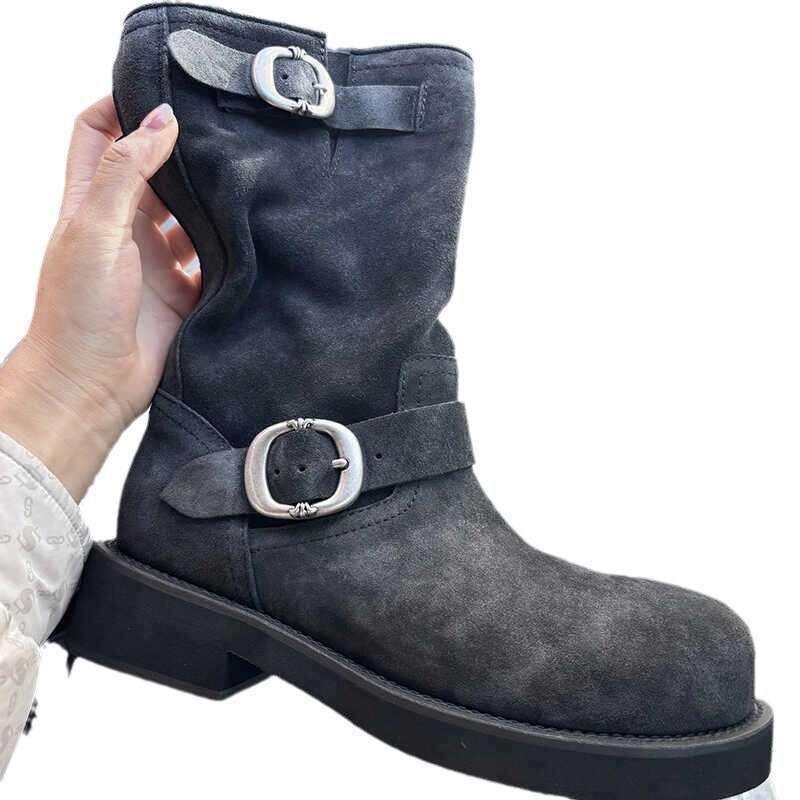 Suede Round Toe Thick Sole British Style Martin Western Cowboy Women 2024 New Belt Buckle Mid-Calf Short Boots