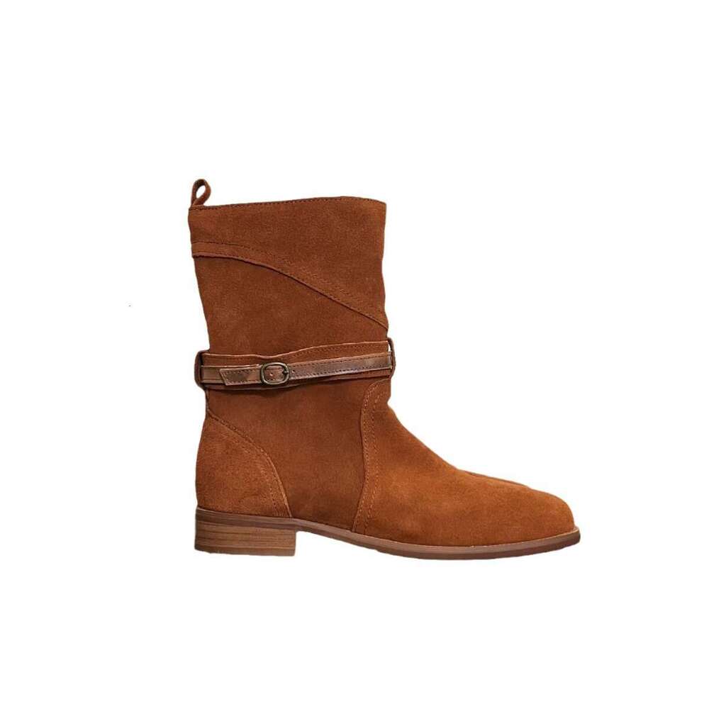 Korean Style Melard Belt Buckle Mid-Calf Short Women 2024 New Thick Heel Round Toe Western Cowboy Martin Boots