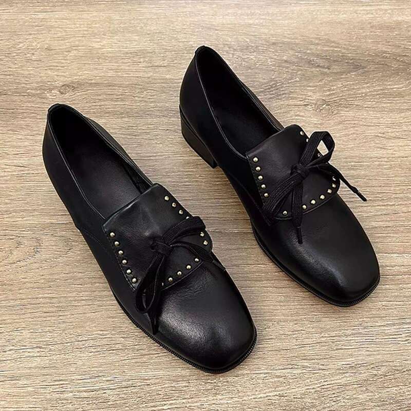 British Style Genuine Round Toe Bowknot Loafers for Women 2025 Spring New Thick Heel Small Leather Single Shoes