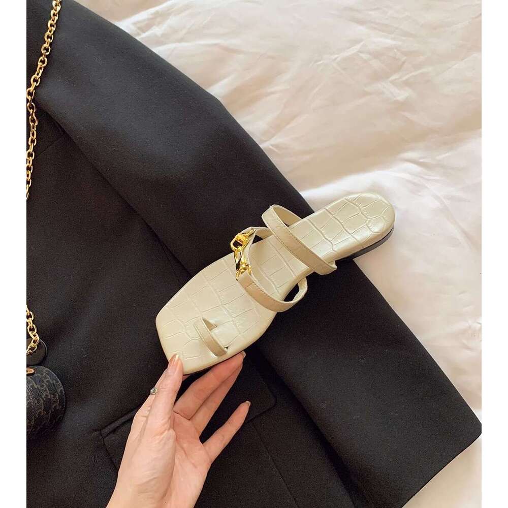 Instant Dispatch Grape Mom Square Metal Buckle Irregular Double Strap Toe Cover Crocodile Pattern Flat Sandals for Women