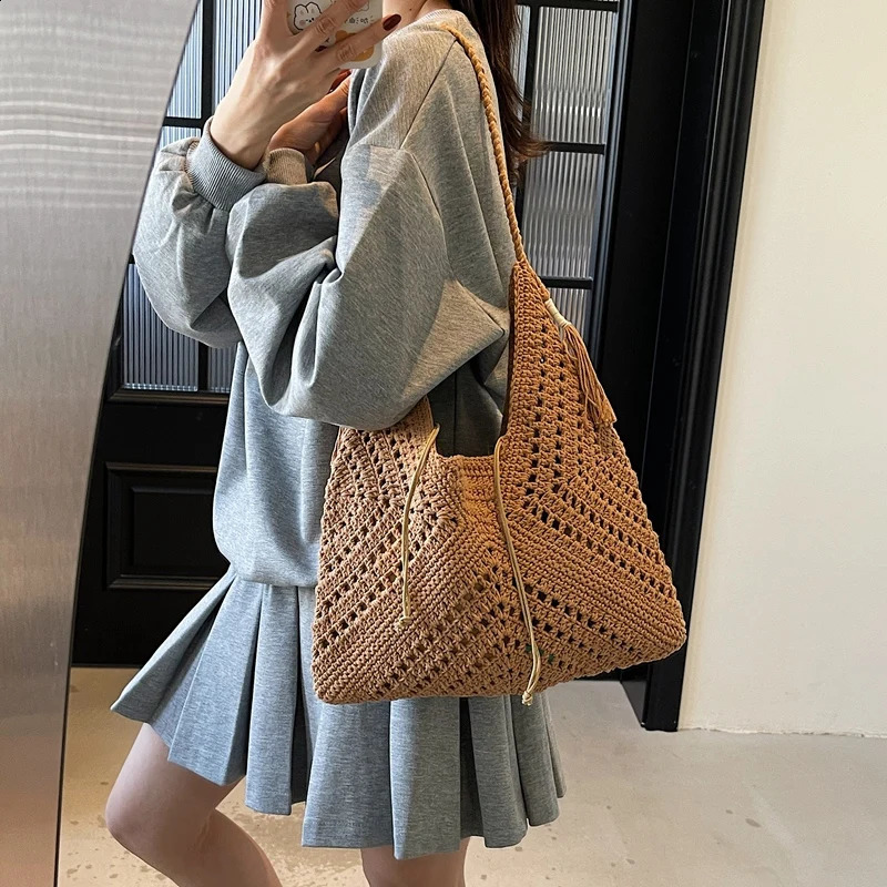 Crochet 2-IN-1 Shoulder Bag Set For Women Raffia Boho Rattan Summer Beach Vacation Tote Bags Knitted Handbags Female 250523