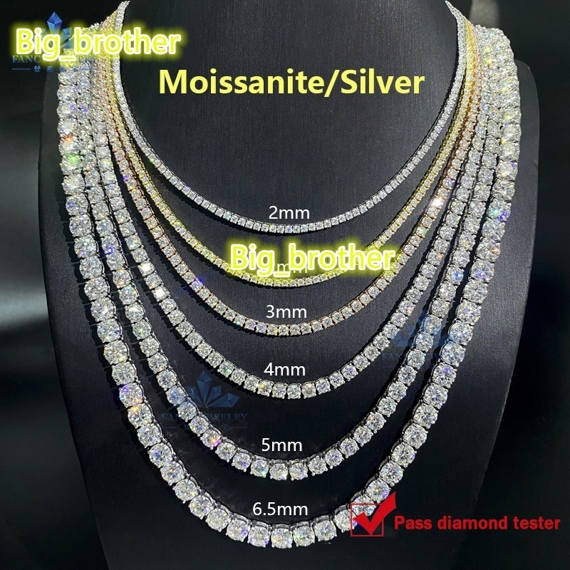 Luxury Men Women Hip Hop Iced Out Fine Jewelry 2MM 3MM 4MM 5MM Lab Diamond S925 Silver Vvs Moissanite Tennis Chain Necklace