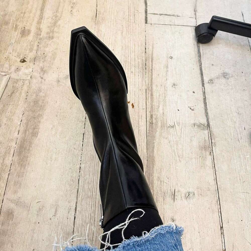 British Style High-End Pointed Toe Chunky Heel Slim Short Martin Women 2024 New Side Zipper Mid-Calf Boots