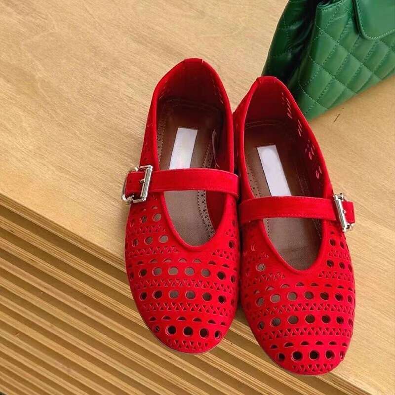 Genuine Leather Niche Carved Hollow Shallow Mouth Little Red One-Strap Mary Jane Single Women Summer Autumn Ballet Flat Shoes