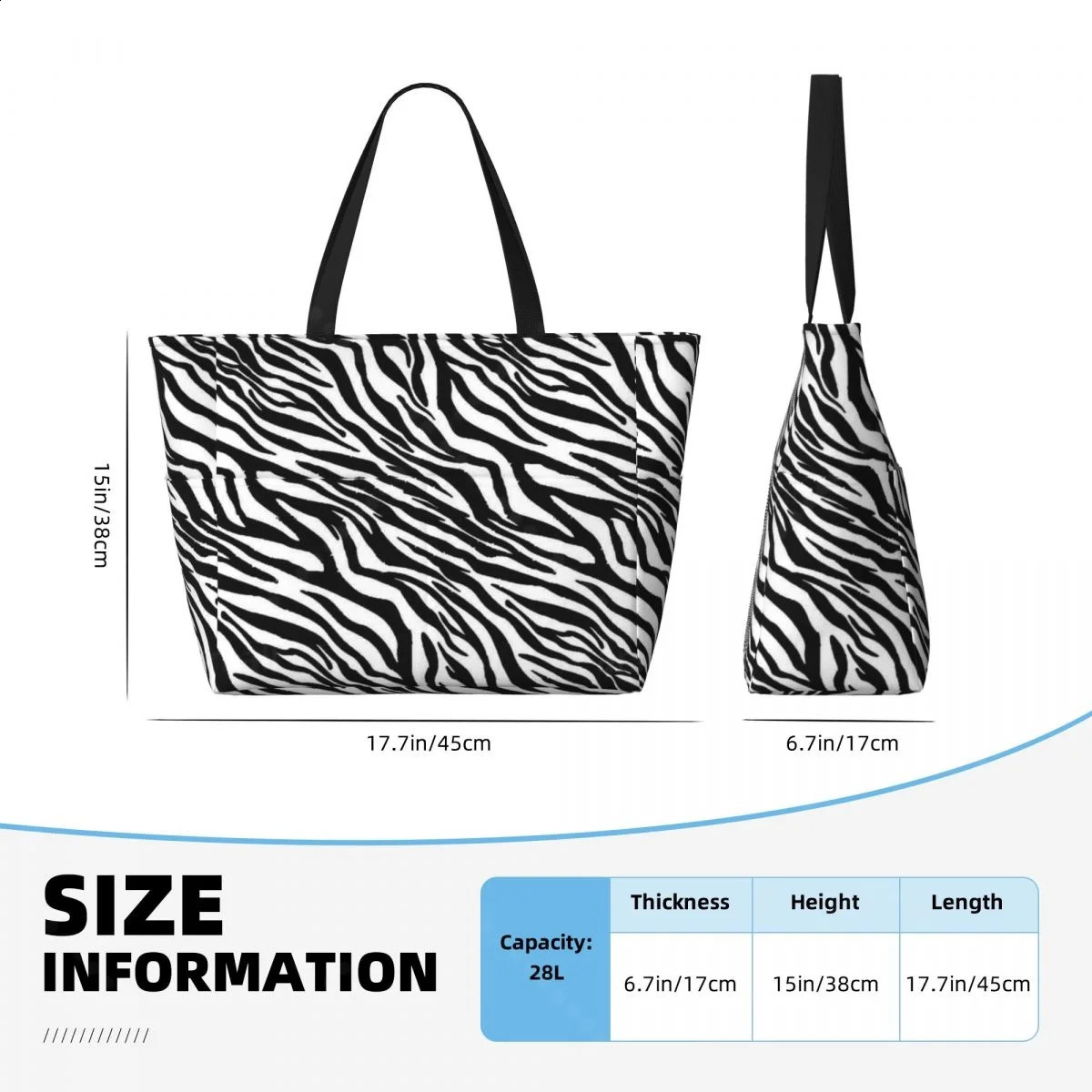 Zebra Stripe Travel Tote Bag Large Sandproof Beach with Zipper and Pockets for Womens Vacation Gym Travel 250528
