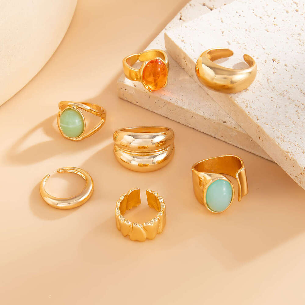 Layered INS Style Inlaid Acrylic Set for Women, Light Luxury Irregular Open Ring