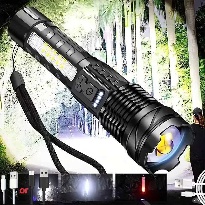 XPHP50 LED Tactical Powerful Flashlight Zoomable Waterproof COB Side Light Camping Torch 7 Modes USB Rechargeable Flash Lights XJ250529