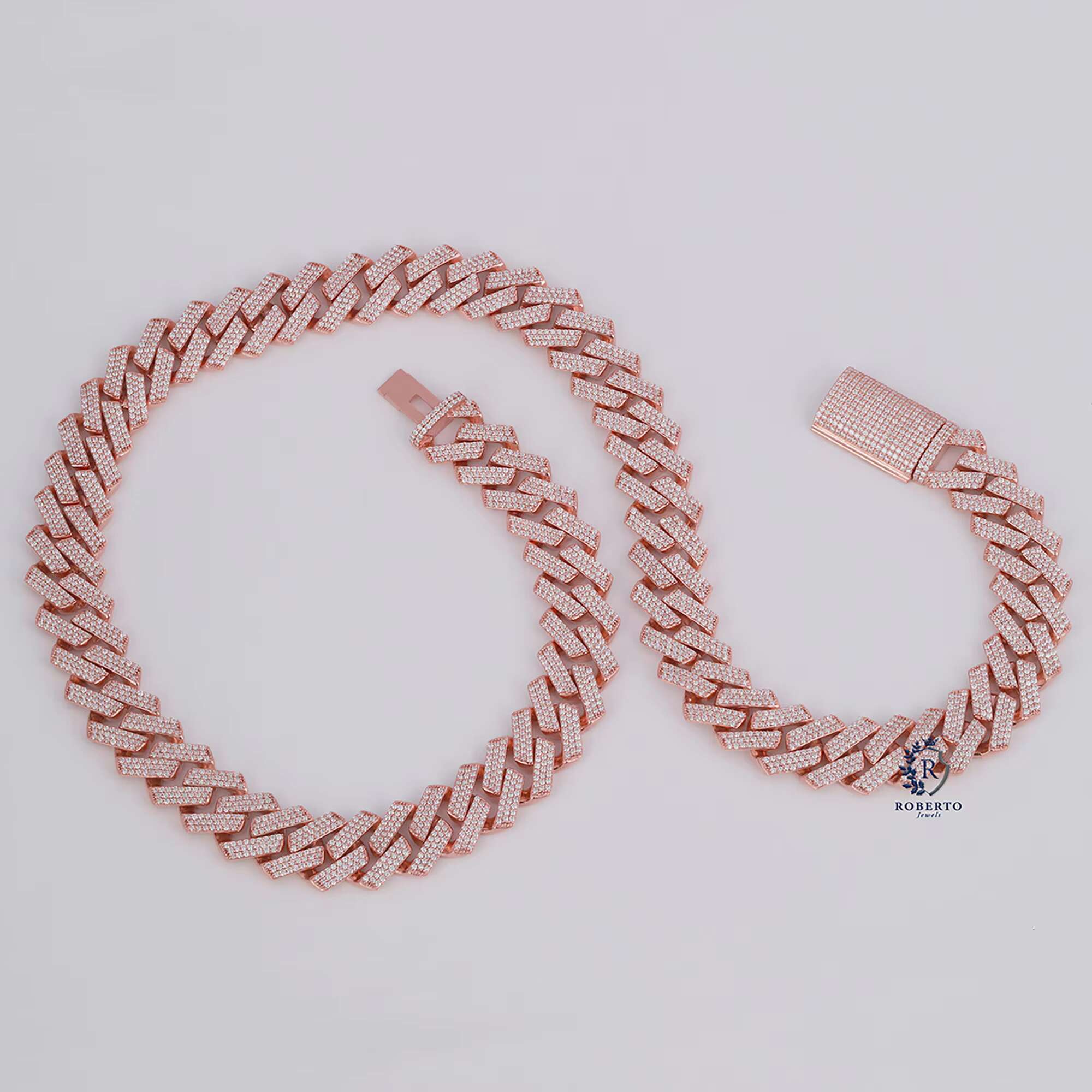 12mm Hip Hop Moissanite Cuban Link Chain 10Kt Rose Gold Bling Prong Set Mens Moissanite Diamond Necklace