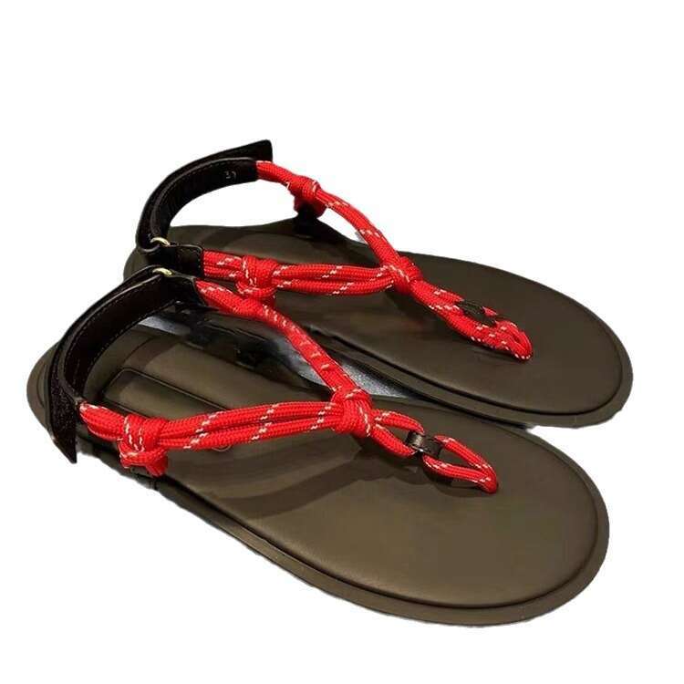 Genuine Leather Jute Rope Velcro Flat Round Toe Post for Women Outdoor Summer New Beach Roman Sandals