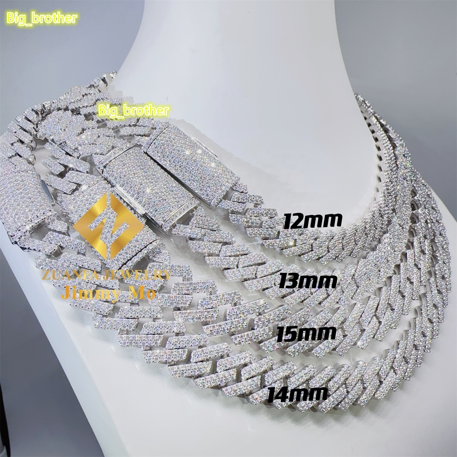 Hot Selling Pass Diamond Tester 925 Solid Silver 12mm 13mm 14mm 15mm Two Rows Iced Out Hip Hop VVS1 Moissanite Cuban Link Chain