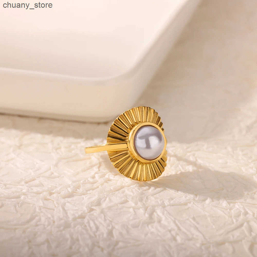 Zircon Pearl Creative Shape Design Stainless Steel Gold Plated Ring for Women Open Adjustable Charm Jewelry Accessory Trendy New z250529KGYF