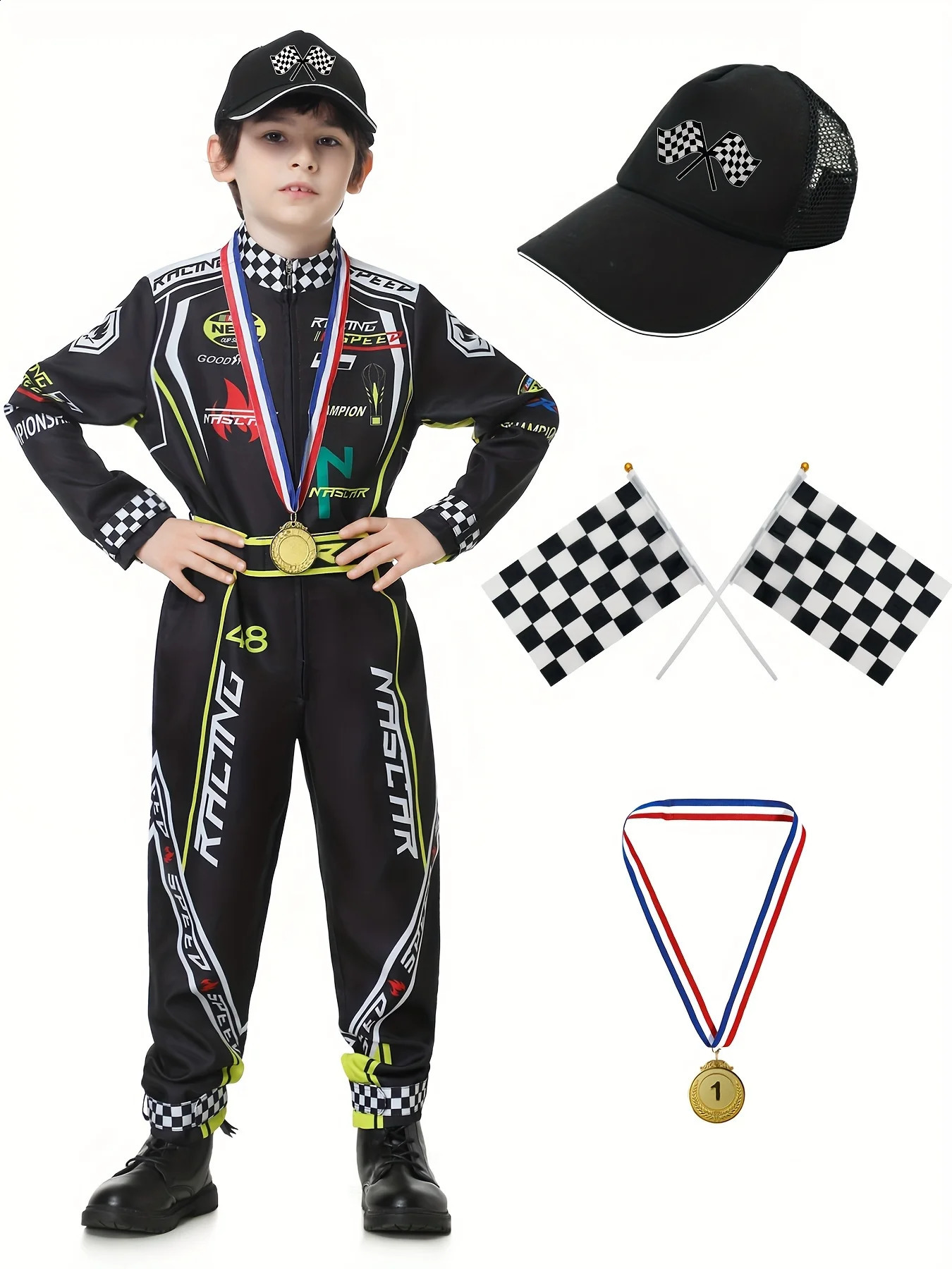 Racing driver costume boys racing jumpsuit 4pcs/set cosplay car hat childrens Halloween costume racing suit set 250528