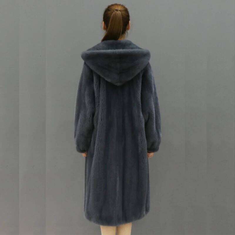 The new faux mink fur for autumn and winter is casual trench coat with a long, knee-length hoodie in veet jacket