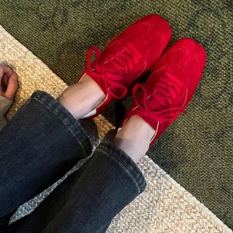 Genuine Leather Red Square Toe Flat Agan Casual Lightweight Sneakers Versatile Lace-up German Training Women's Shoes
